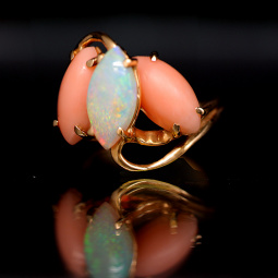 14K Coral and Iridescent Fire Opal Ring with Flashes of Blue, Greens & Reds